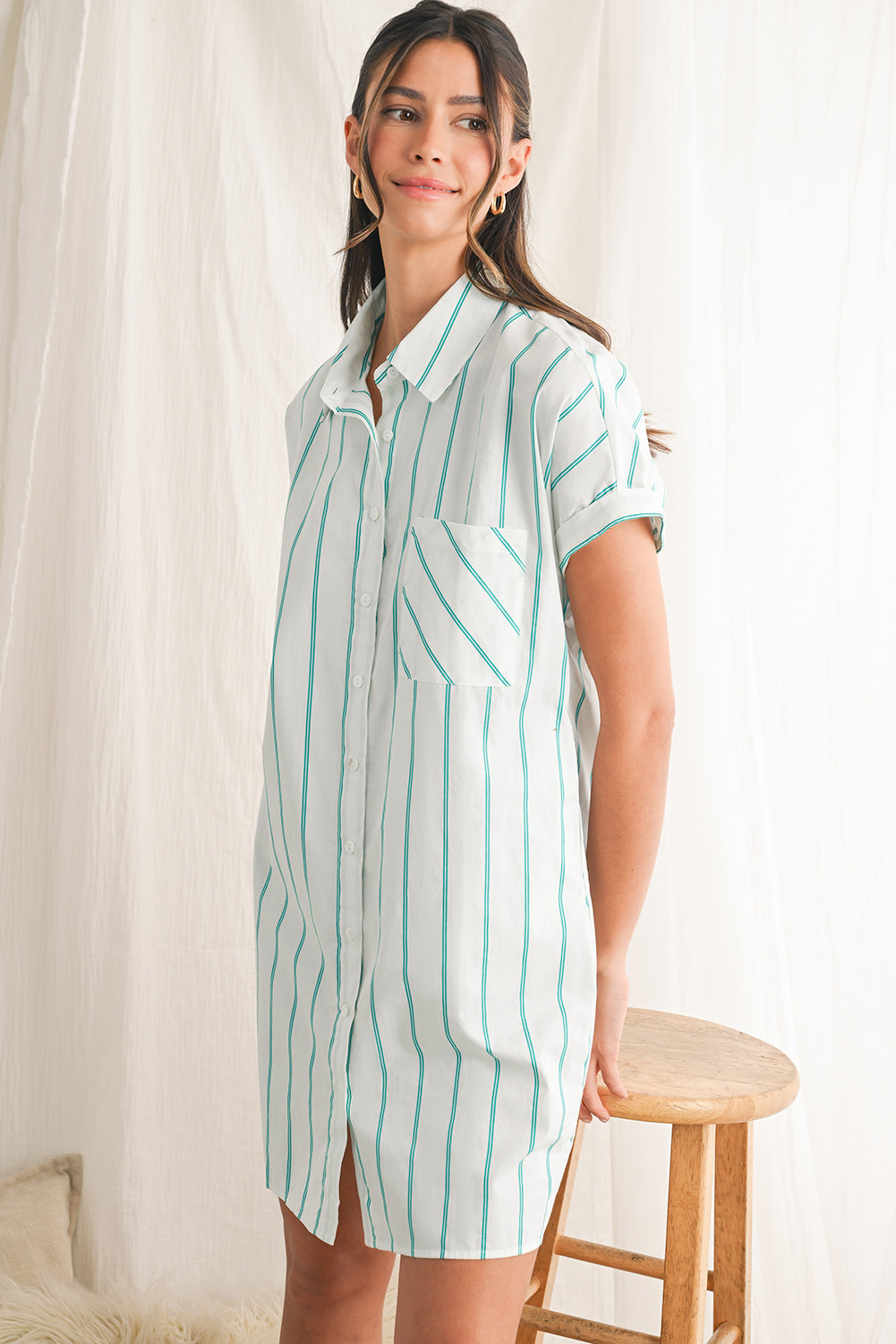 Mint Green Striped Pocket Short Sleeve Mini Dress Short Dresses 8191bfd1ef984601