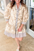 Khaki Plus Size Floral Print Striped Trim Patchwork Button Down A-line Dress Plus Size Mini Dresses 81949c58a6b7d9d0