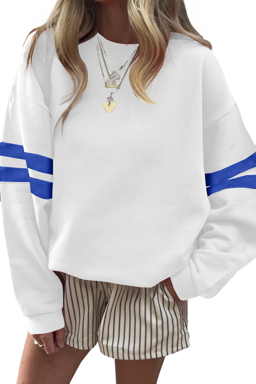 White Preppy Striped Sleeve Loose Sweatshirt Sweatshirts & Hoodies 81eaf5a1b599a547