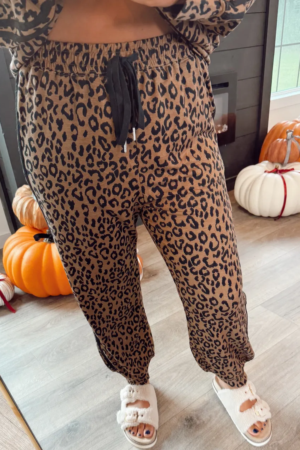Brown Varsity Striped Trim Leopard Long Sleeve Top Drawstring Pant Set Pant Sets 81ec50b0bf5673e7