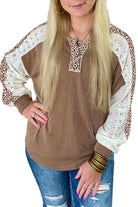 Dark Khaki Texture Patchwork Lace Sleeve Leopard Henley Top Long Sleeve Tops 81fb3cdeadec22b9
