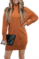Gold Flame Solid Color Turtleneck Drop Shoulder Loose Sweater Dress Sweater Dresses 8212c4e8d819748e