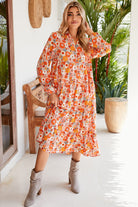 Multicolor Boho Floral Collared Long Sleeve Dress Midi Dresses 822d0d0002da006f