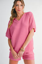 Pink Textured V Neck T Shirt and Shorts Set Two Piece Shorts Sets 82501d07afa31927