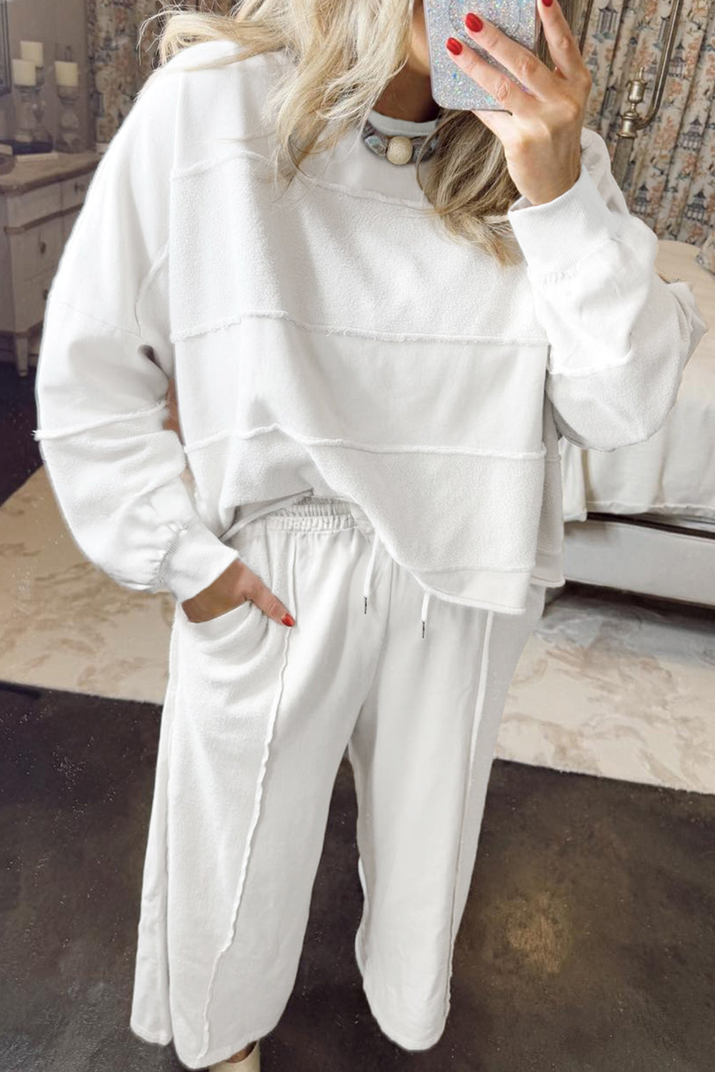 White Textured Raw Seam Plus Size Pullover Top and Drawstring Pants Set Plus Size Matching Sets 8257d94a36795add
