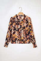 Black Floral V Neck Long Puff Sleeve Breezy Blouse Blouses 82613fbe51b67343