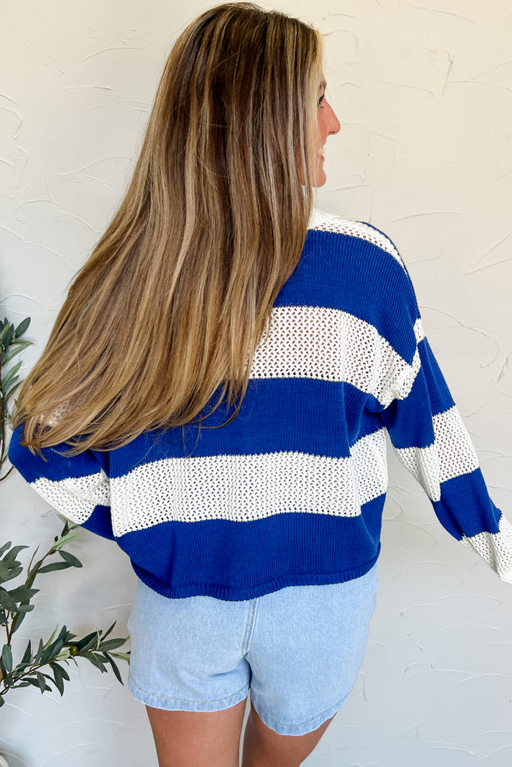 Blue Stripe Colorblock Polo Collar Eyelet Crochet Knit Sweater Sweaters 826508042441580e