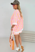 Pink Stripe Drop Shoulder Half Sleeve Loose Tee and Shorts Casual Set Two Piece Shorts Sets 82997688f8caceb8