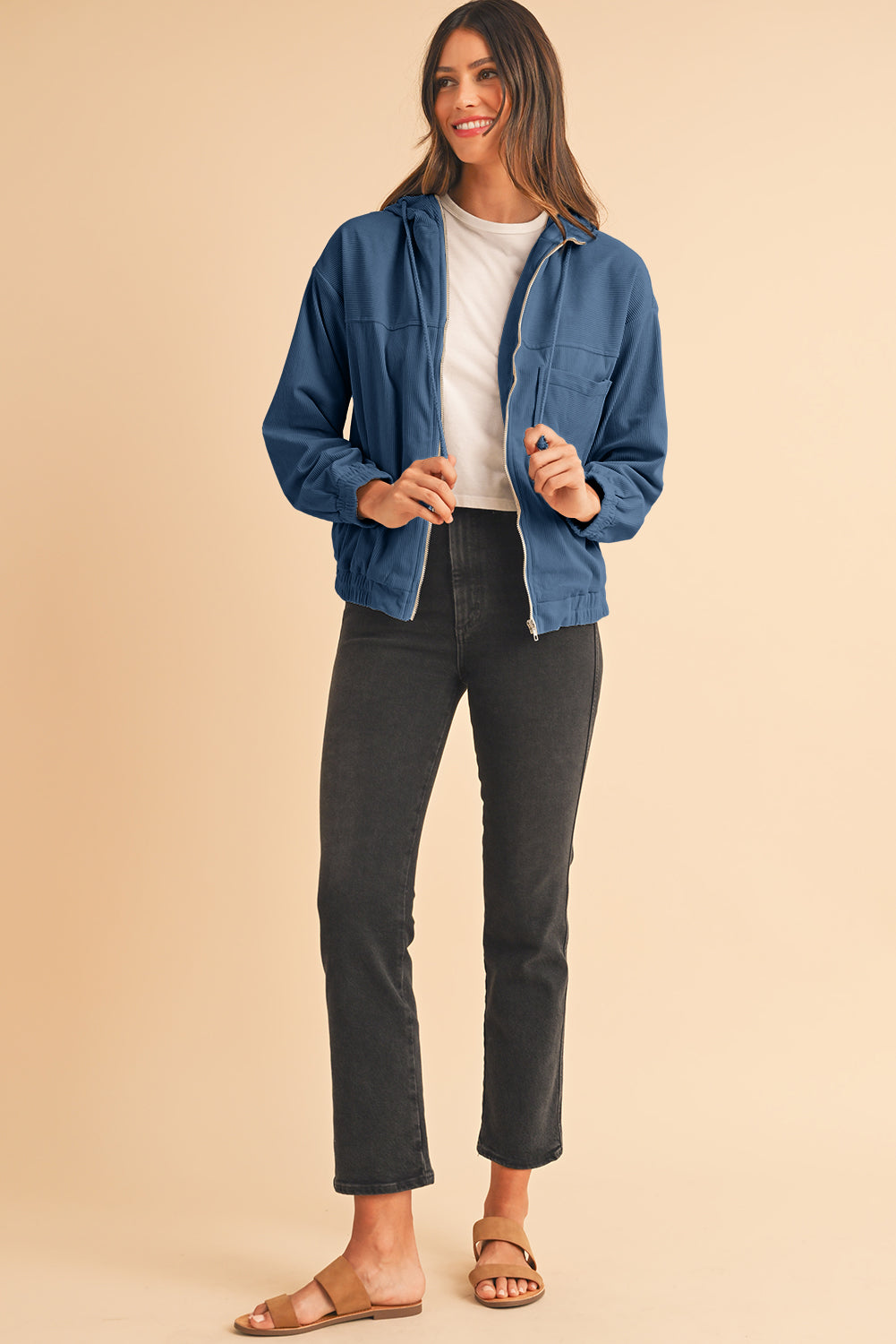 Real Teal Corduroy Drawstring Hooded Pocket Zip Up Jacket Jackets 82cacd69a39743cb