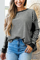 Khaki Stripe Patchwork Knit Drop Shoulder Top Long Sleeve Tops 82ed19fffb97de21