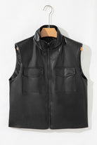 Black Double Flap Pocket Faux Leather Zip Up Stand Neck Vest Jackets 82f0df8b2300fbf2