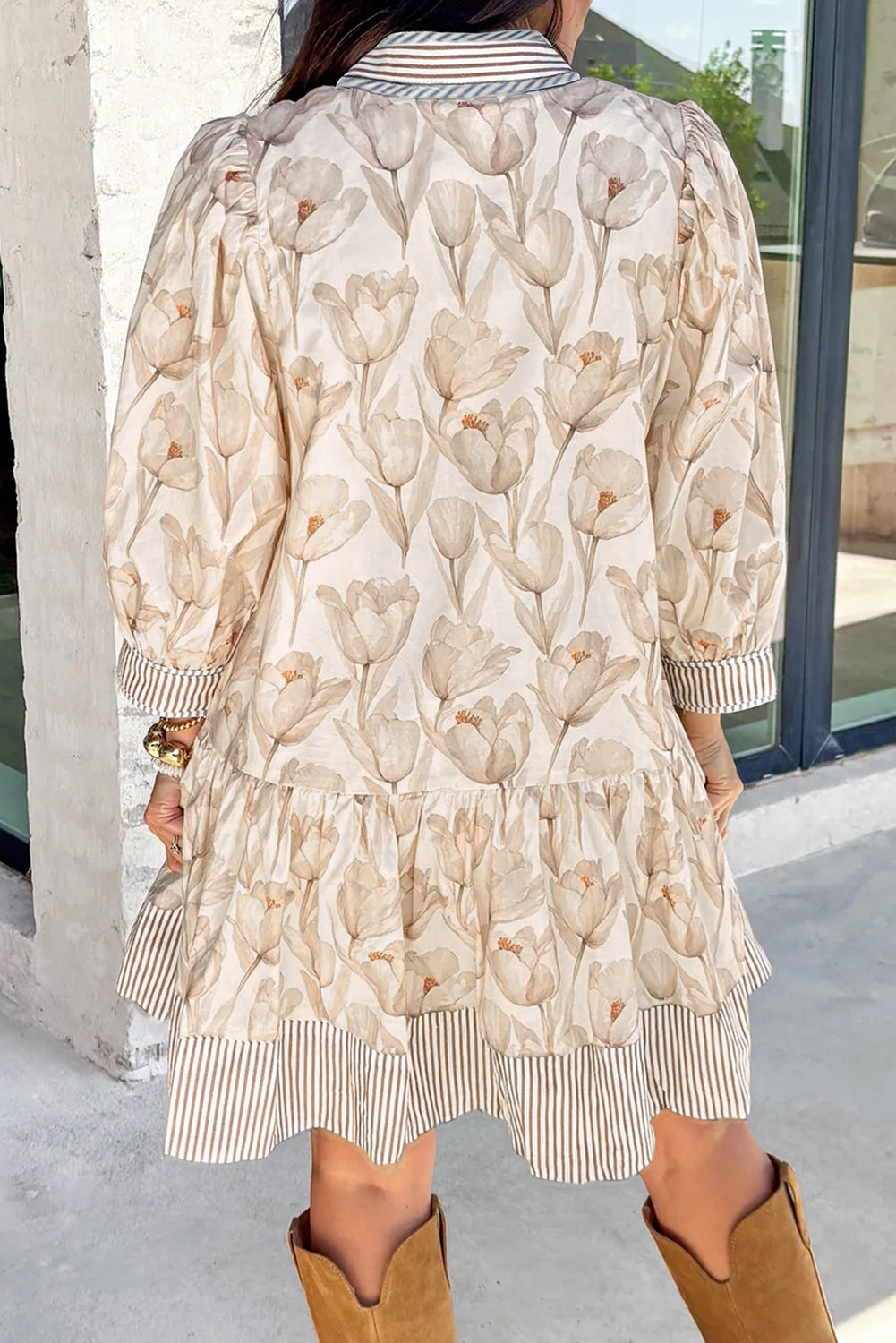 Khaki Plus Size Floral Print Striped Trim Patchwork Button Down A-line Dress Plus Size Mini Dresses 83136fa63cada085