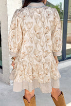 Khaki Plus Size Floral Print Striped Trim Patchwork Button Down A-line Dress Plus Size Mini Dresses 83136fa63cada085