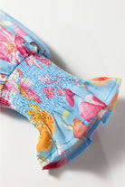 Sky Blue Floral Smocked Cuff Flounce Sleeve V Neck Blouse Blouses 832cd8920213e9c2