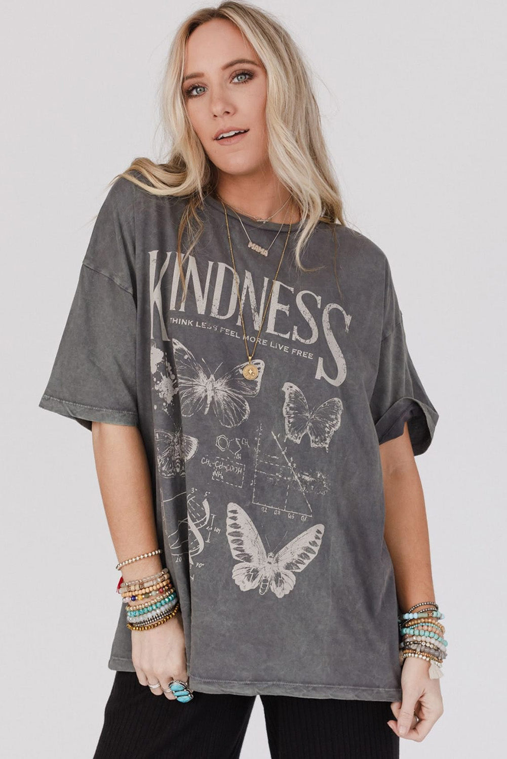 Dark Grey Kindness Butterflies Graphic Mineral Wash Loose Tee T Shirts 8333cbee6ca73d07