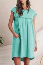Mint Green Frilled Trim Crewneck Loose Fit Mini Dress Short Dresses 833bf10bda9ecbfc