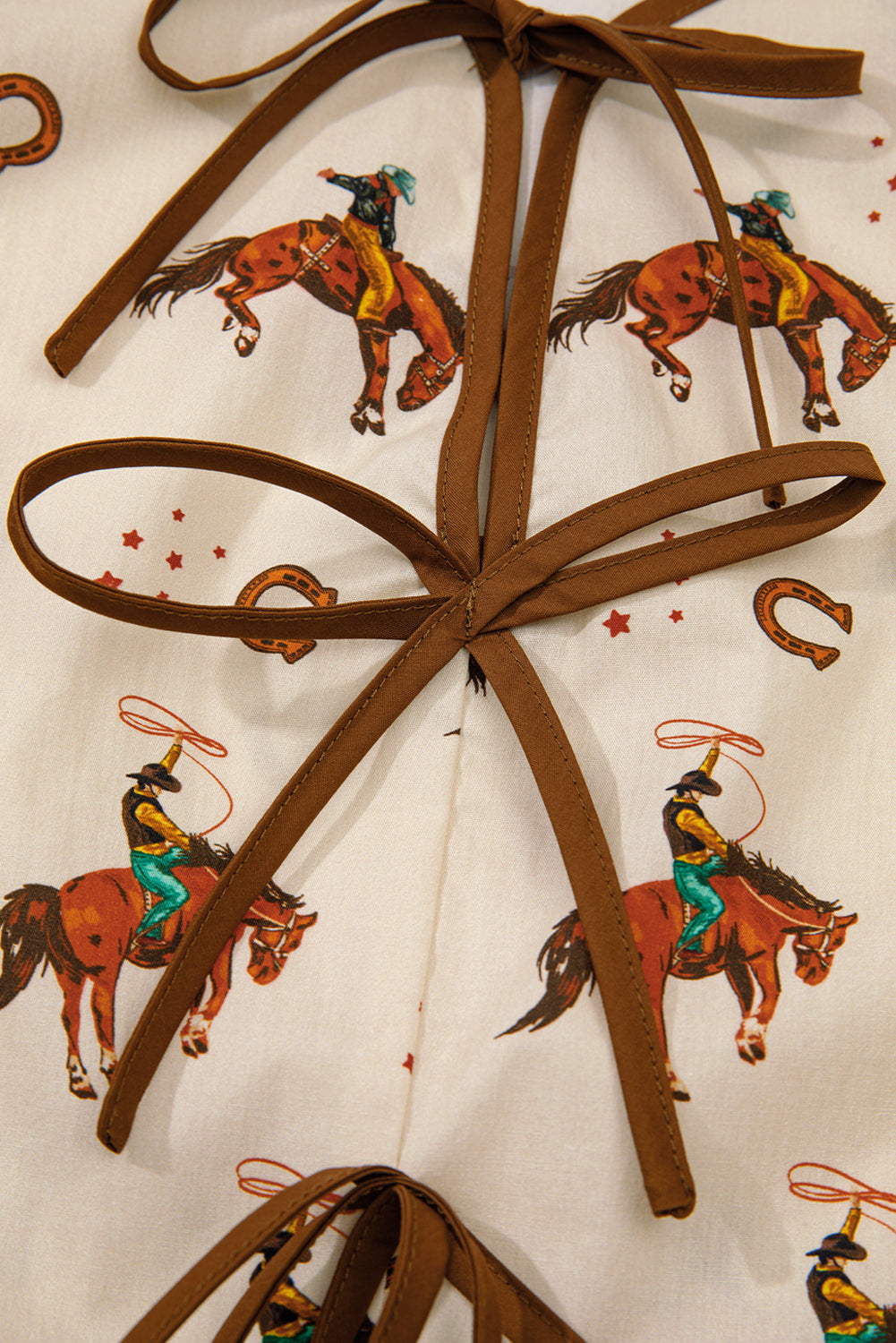 Apricot Rodeo Print Tied Front Puff Sleeve Peplum Top Blouses 833e4bcb1b916b68