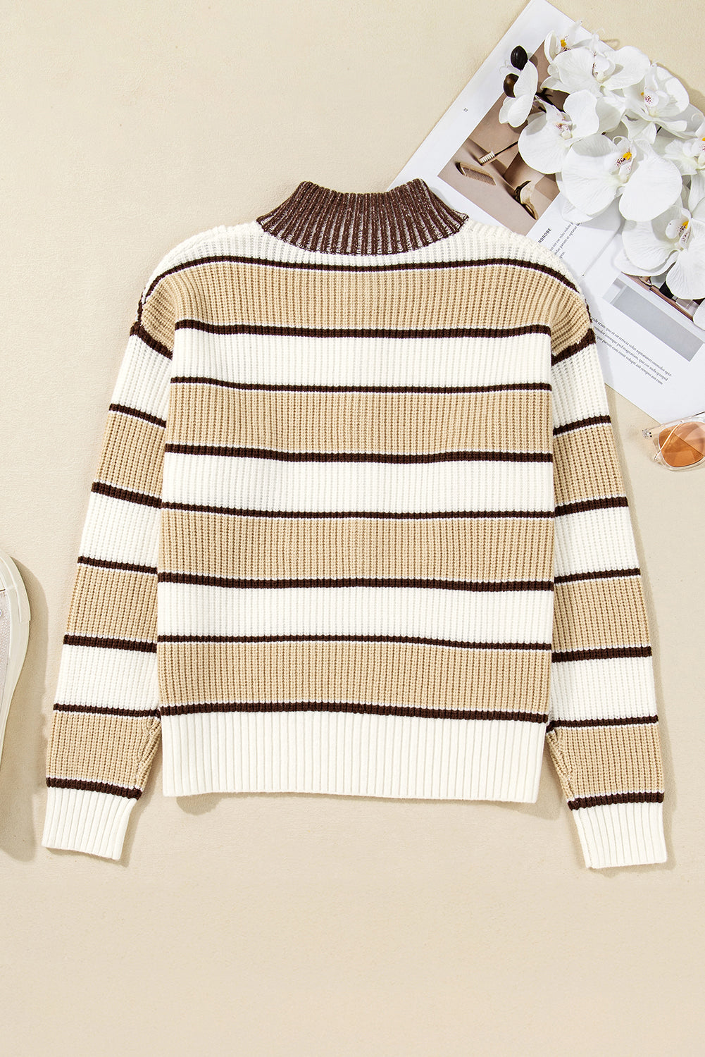 Khaki Striped Colorblock Zip Neck Knit Sweater Sweaters 8380dcff18b9ed31