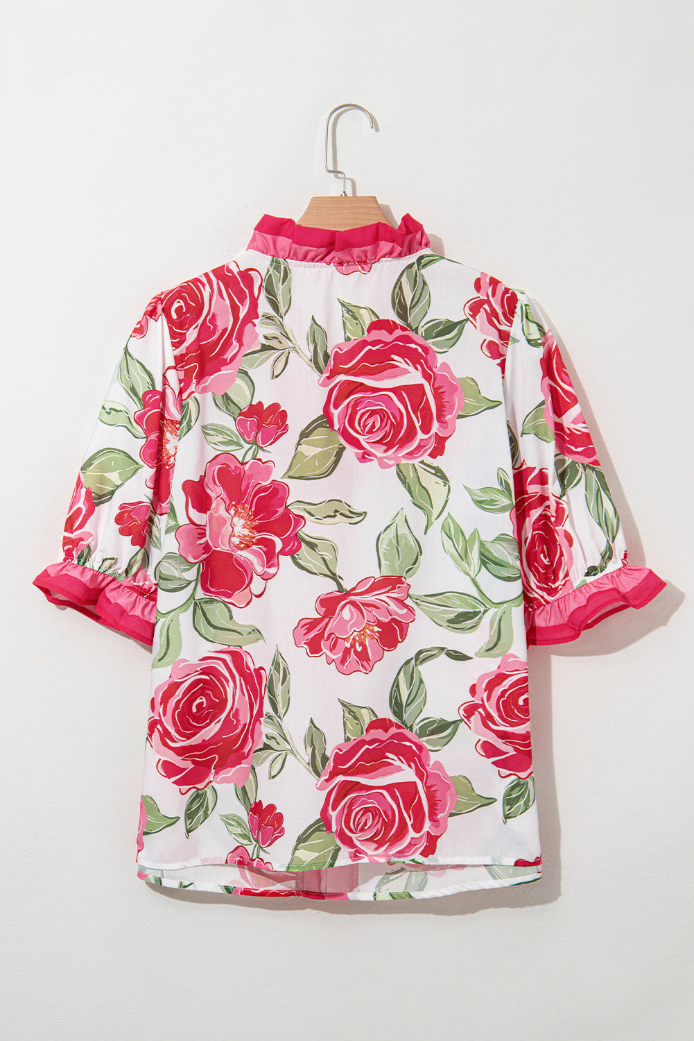 Rose Plus Size Floral Print Frill Neck Short Sleeve Blouse Plus Size Tops 83900e90a95387f9