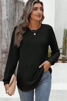 Ribbed Texture Round Neck Long Sleeve Rounded Hem Top Long Sleeve Tops 83c636b31809536a