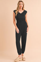 Black Shirred High Waist V Neck Sleeveless Jumpsuit Jumpsuits 83ecd9d4d1b56c7d