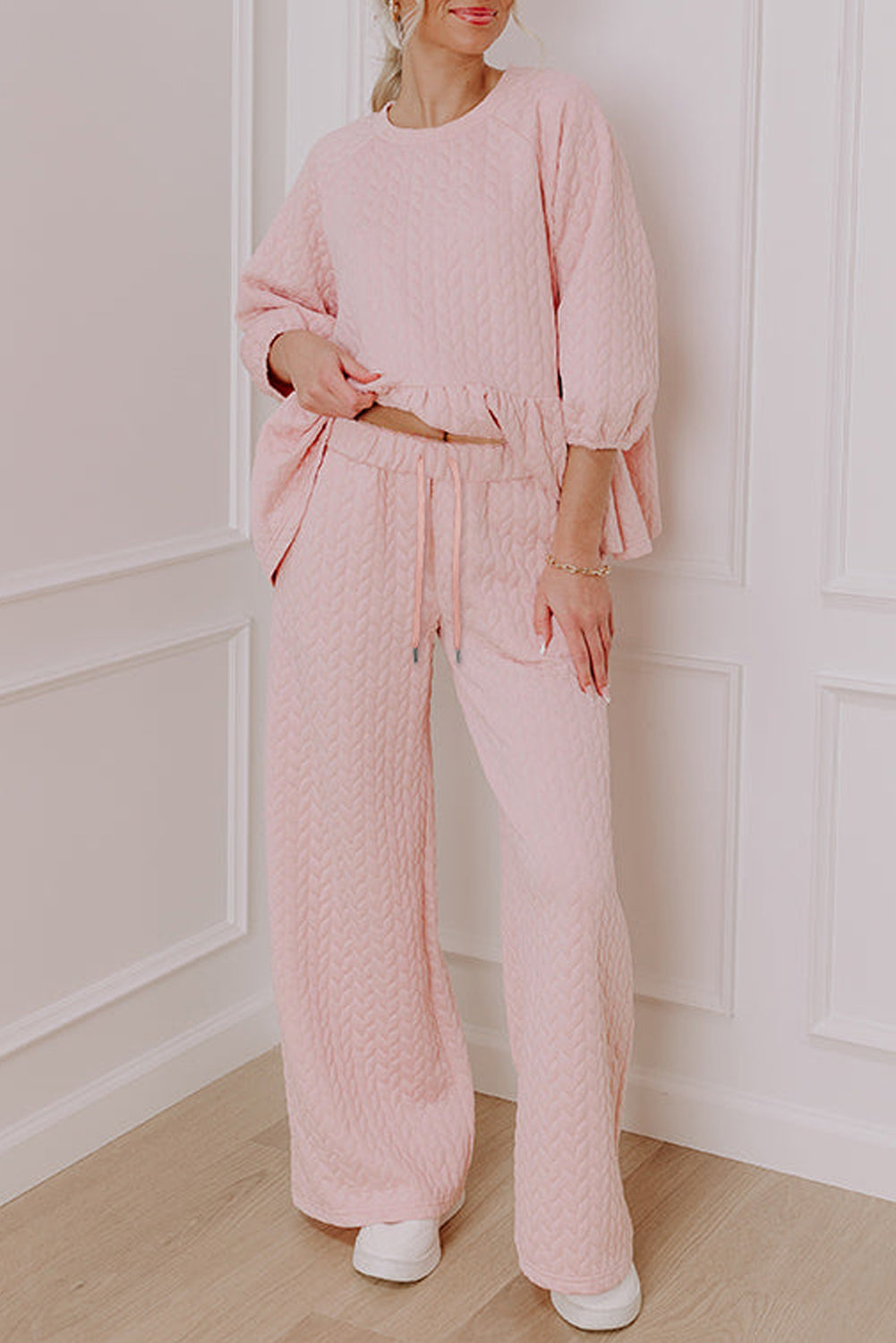 Delicacy Braided Texture Ruffle Hem Top Drawstring Loose Pants Set Two Piece Pants Sets 83f807ea551ef6c2