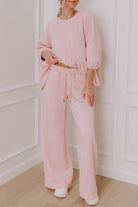 Delicacy Braided Texture Ruffle Hem Top Drawstring Loose Pants Set Two Piece Pants Sets 83f807ea551ef6c2