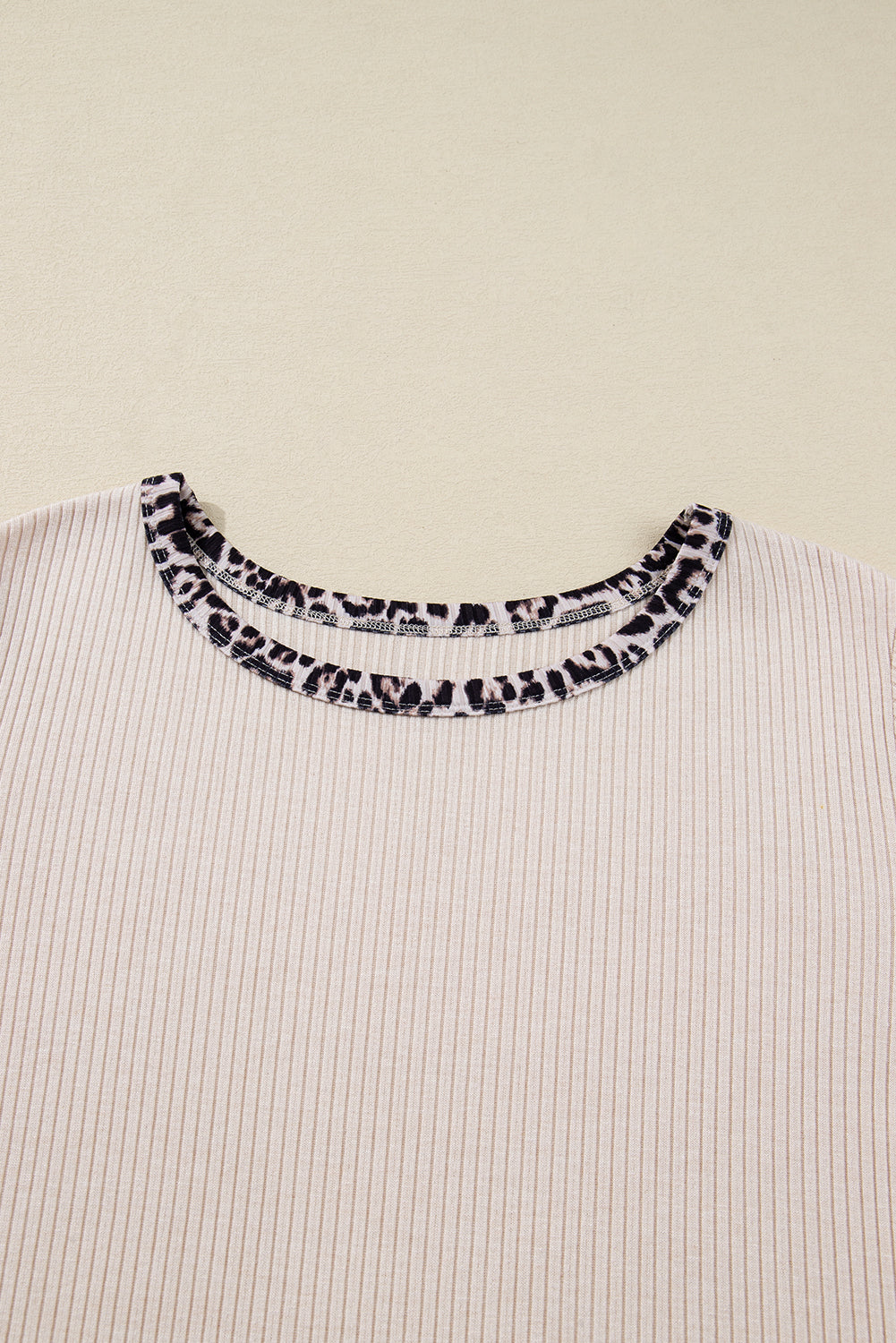Parchment Ribbed Contrast Leopard Edge Round Neck Plus Size Top Plus Size Tops 840852c0cdb9cd80