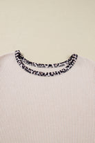 Parchment Ribbed Contrast Leopard Edge Round Neck Plus Size Top Plus Size Tops 840852c0cdb9cd80