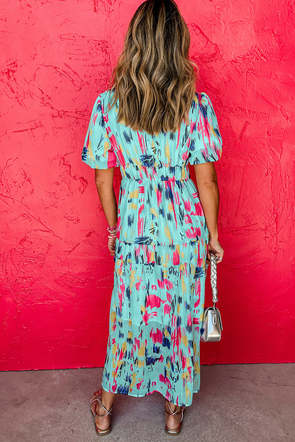 Sky Blue Abstract Print Short Puff Sleeve Tiered Maxi Dress Maxi Dresses 842b2d0856fa3c0f