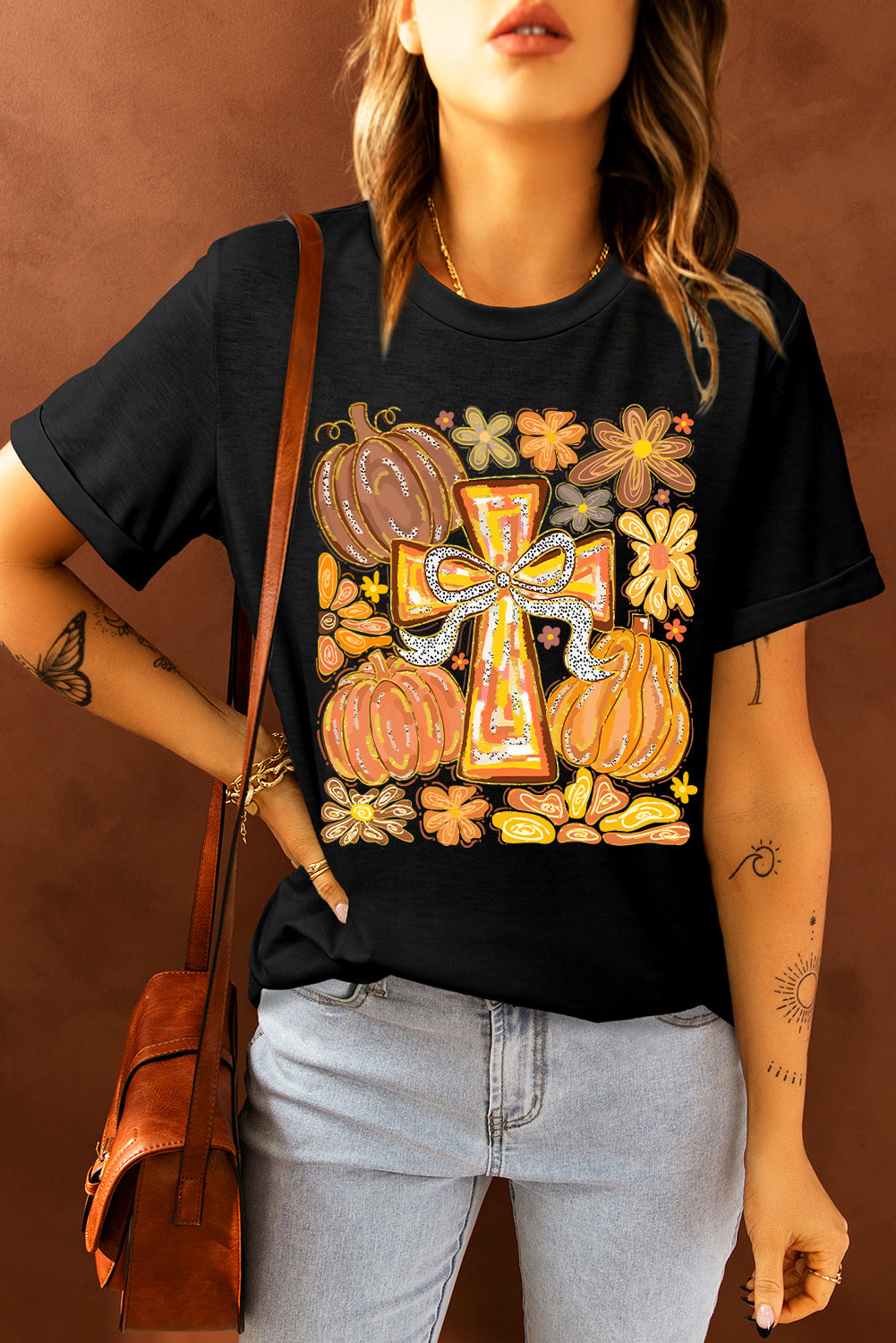 Black Thanksgiving Pray Cross Pumpkin Heat Transfer Printing Graphic Cotton Blend Tee Graphic Tees 845f991912c4b709