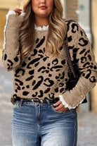 Brown Leopard Knitted Lace Trim Cuffed Plus Size Sweater Plus Size Sweaters&Cardigans 846843fd849ea612