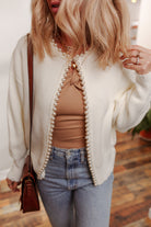 White Pearl Embellished Open Front Elegant Cardigan Cardigans 846a3c3593ce9e69