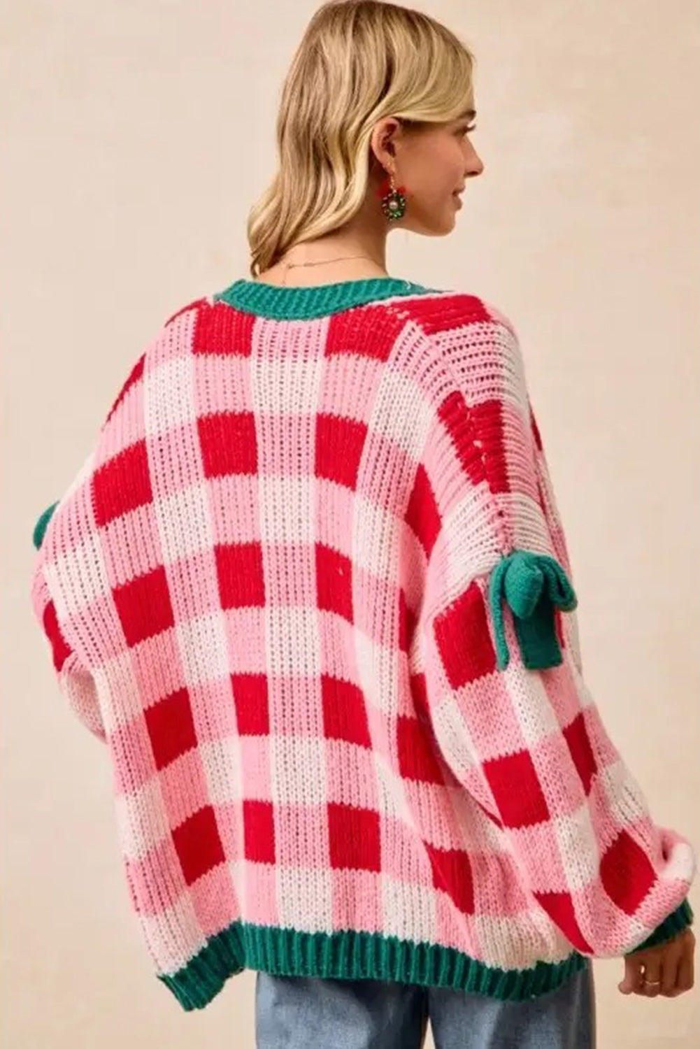 Pink Colorblock Checkered Open Front Knit Cardigan Cardigans 8491b4d15e619bcd