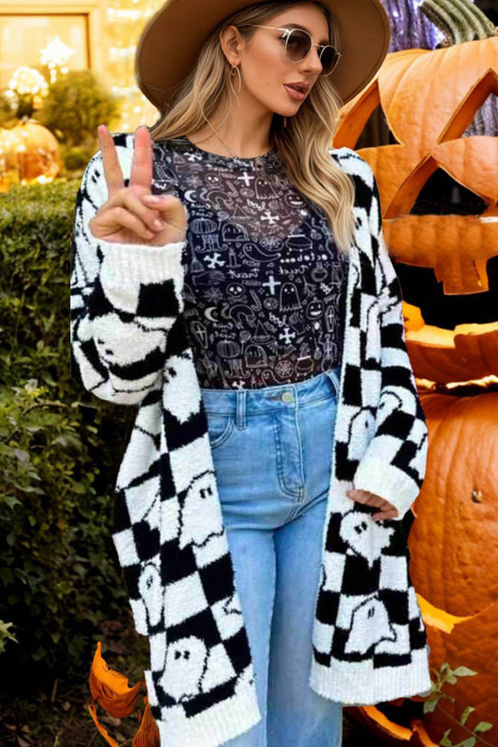 Black Halloween Plaid Ghost Pattern Mid length Knitted Cardigan Cardigans 84a4fb8b52f1bb9e