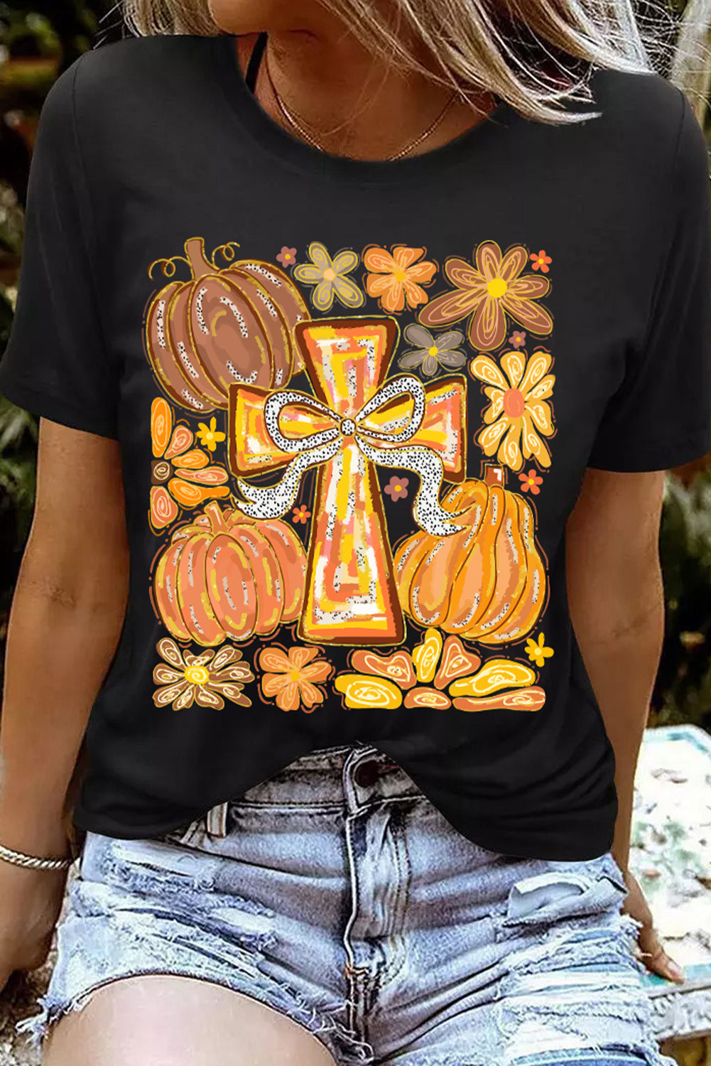 Black Thanksgiving Pray Cross Pumpkin Heat Transfer Printing Graphic Cotton Blend Tee Graphic Tees 84aa6656366865e1