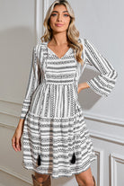 Black Striped Fringe Tie Neck Bell Sleeve V Neck Mini Dress Short Dresses 84b4c9804b1a2c91