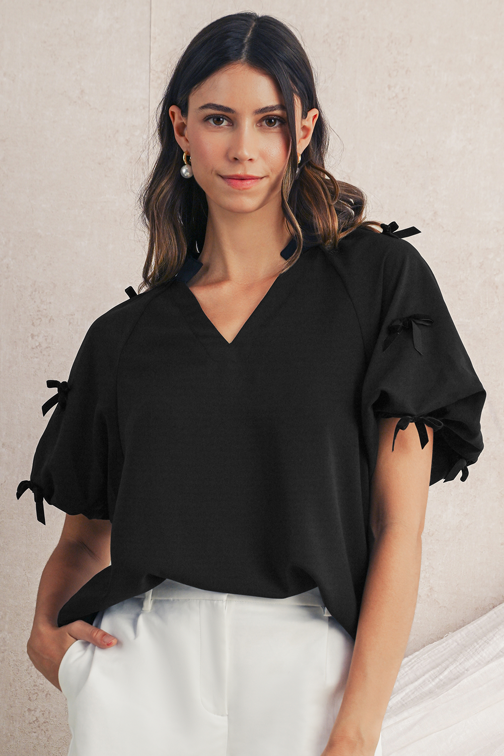 Black V Neck Bow Detail Puff Sleeve Blouse Blouses 84b9d380fc4ae92e