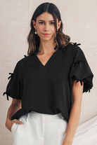 Black V Neck Bow Detail Puff Sleeve Blouse Blouses 84b9d380fc4ae92e
