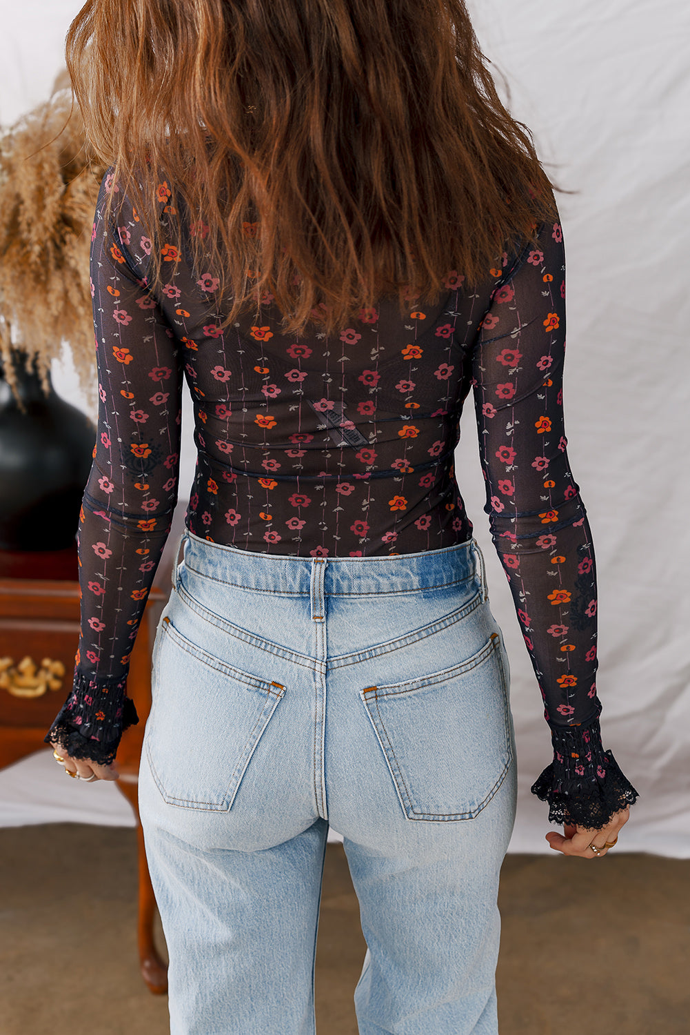 Black Floral Print Smocked Cuff Slim Fit Mesh Bodysuit Bodysuit 84c698e5200bb941