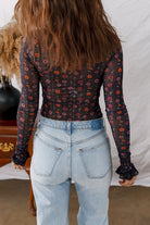 Black Floral Print Smocked Cuff Slim Fit Mesh Bodysuit Bodysuit 84c698e5200bb941