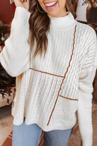 White Mix Texture Patchwork Contrast Stitch Mock Neck Sweater Sweaters 84c88788cd6bd369