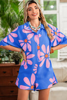 Blue Summer Flower Print Shirt Collar Loose Romper Rompers 84eebc1afeba0cbf