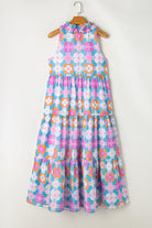 Sky Blue 60s Flower Split Neck Sleeveless Tiered Maxi Dress Maxi Dresses 8502c90229e3b618