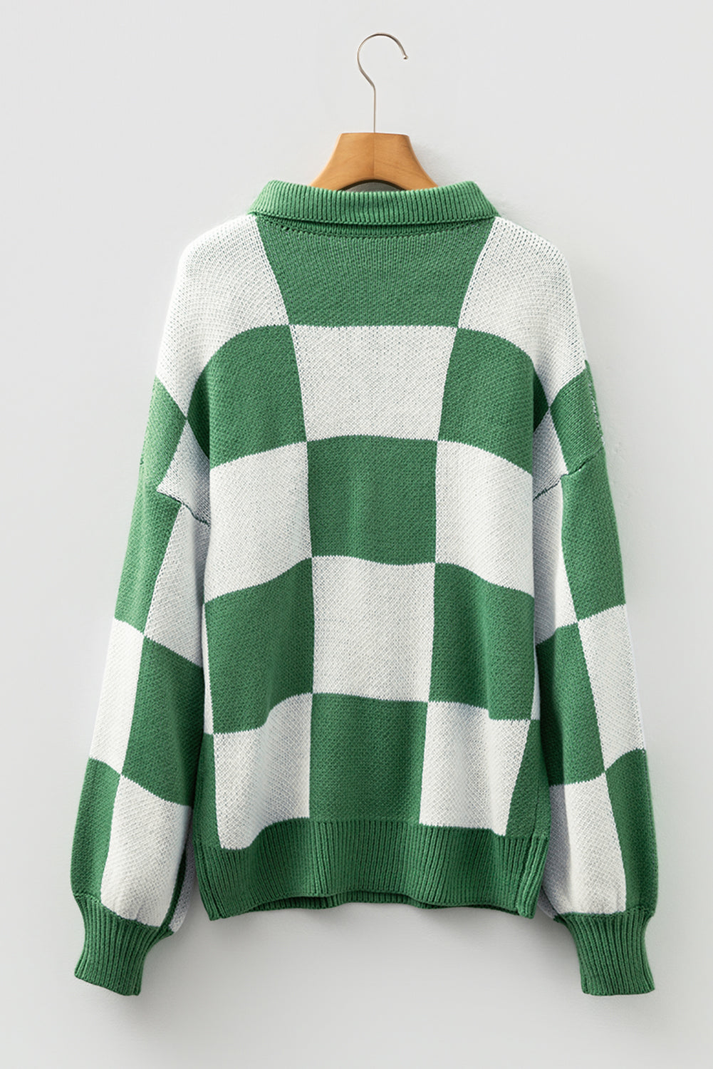 Mist Green Checkered V-Neck Collared Pullover Sweater Sweaters 8508355c2ed38438