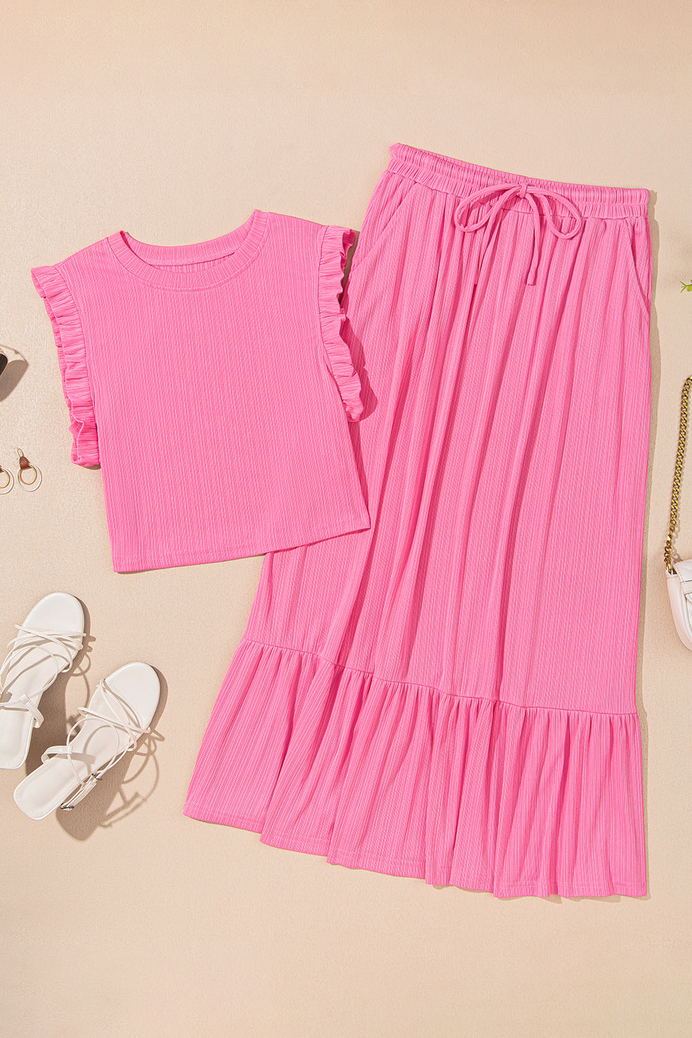 Bonbon Textured Ruffle Trim Crop Top and Drawstring Skirt Set Two Piece Skirt Sets 853128b70ecc3f08