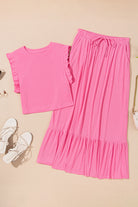 Bonbon Textured Ruffle Trim Crop Top and Drawstring Skirt Set Two Piece Skirt Sets 853128b70ecc3f08