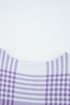 Lilac Plaid Print Ribbed Trim Loose Sweater Sweaters 853c59c83f7fcb92