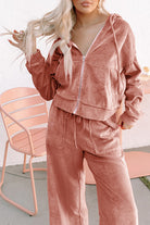 Peach Blossom Velvet Zip-up Hoodie and Wide Leg Pants Set Two Piece Pants Sets 85540e5552f6a91d