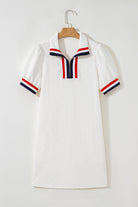 White Pop of Color Neckline Plaid Textured Puff Sleeve Mini Dress Short Dresses 85a98e4fda48a1e9